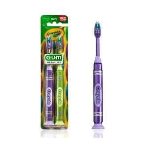 GUM Metallics Crayola Soft Toothbrush 2 pk Purple Green Suction Cup Base Age 5+
